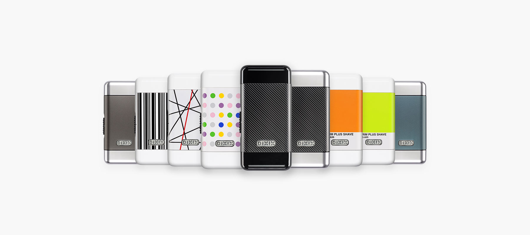 Row of electronic devices with various designs on a white background