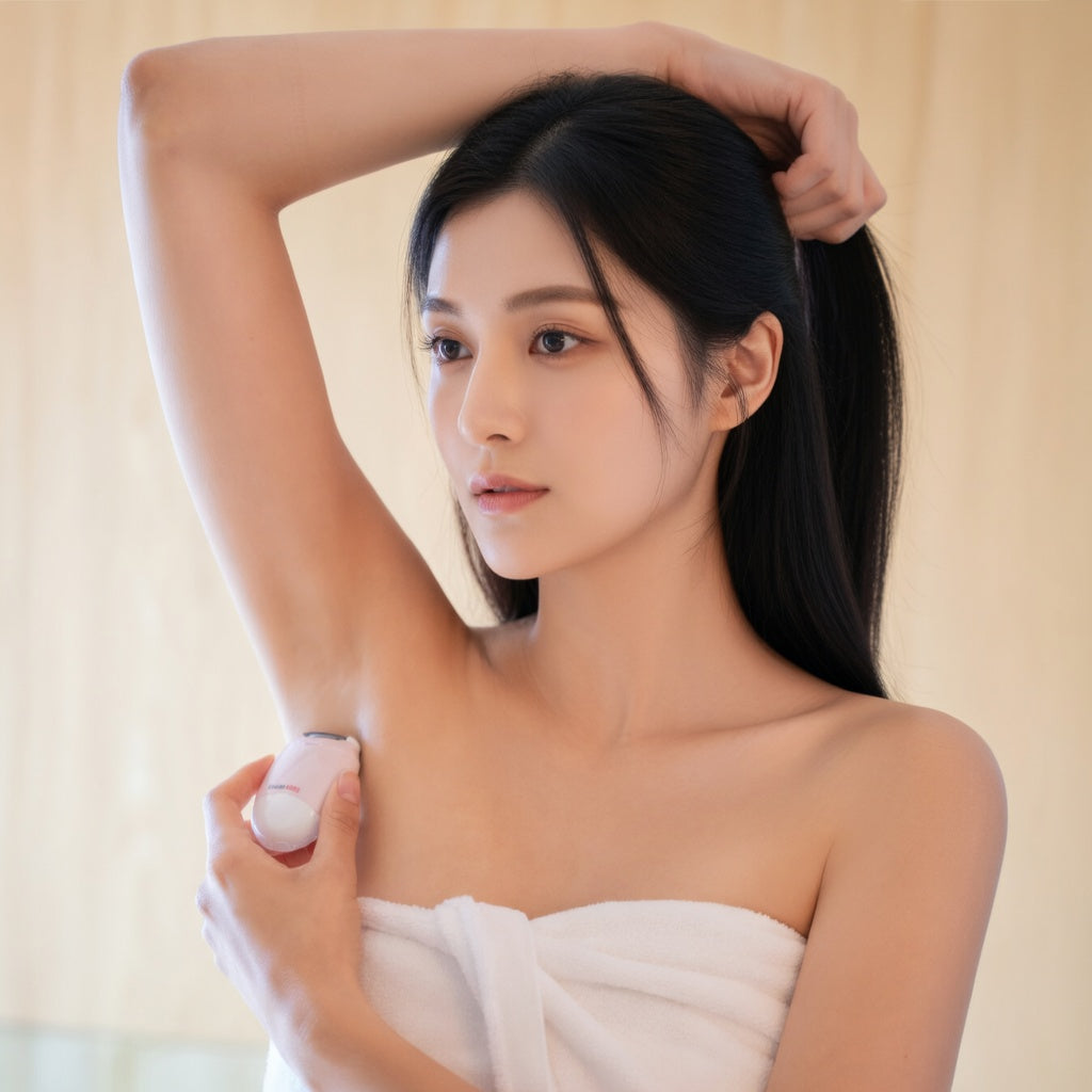 Woman using a hair removal device on her arm with a neutral background