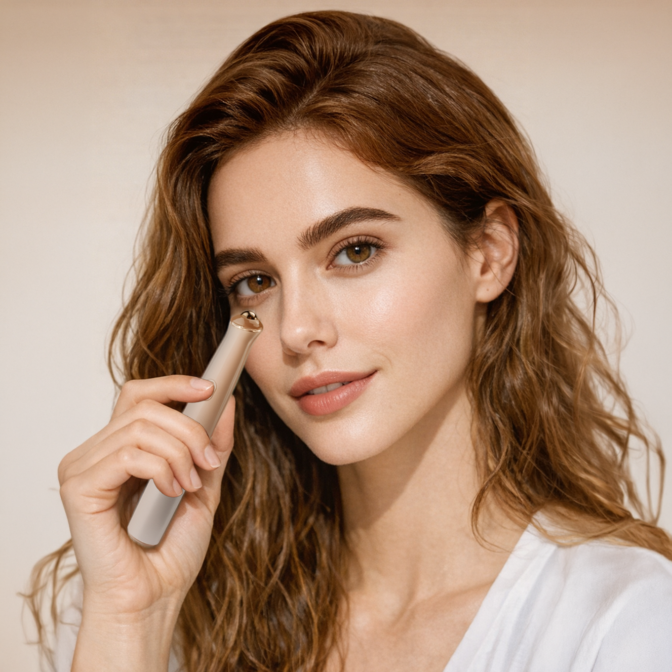 Woman applying makeup with a brush on a neutral background