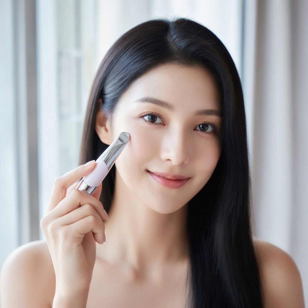 Woman applying makeup with a brush in a bright room