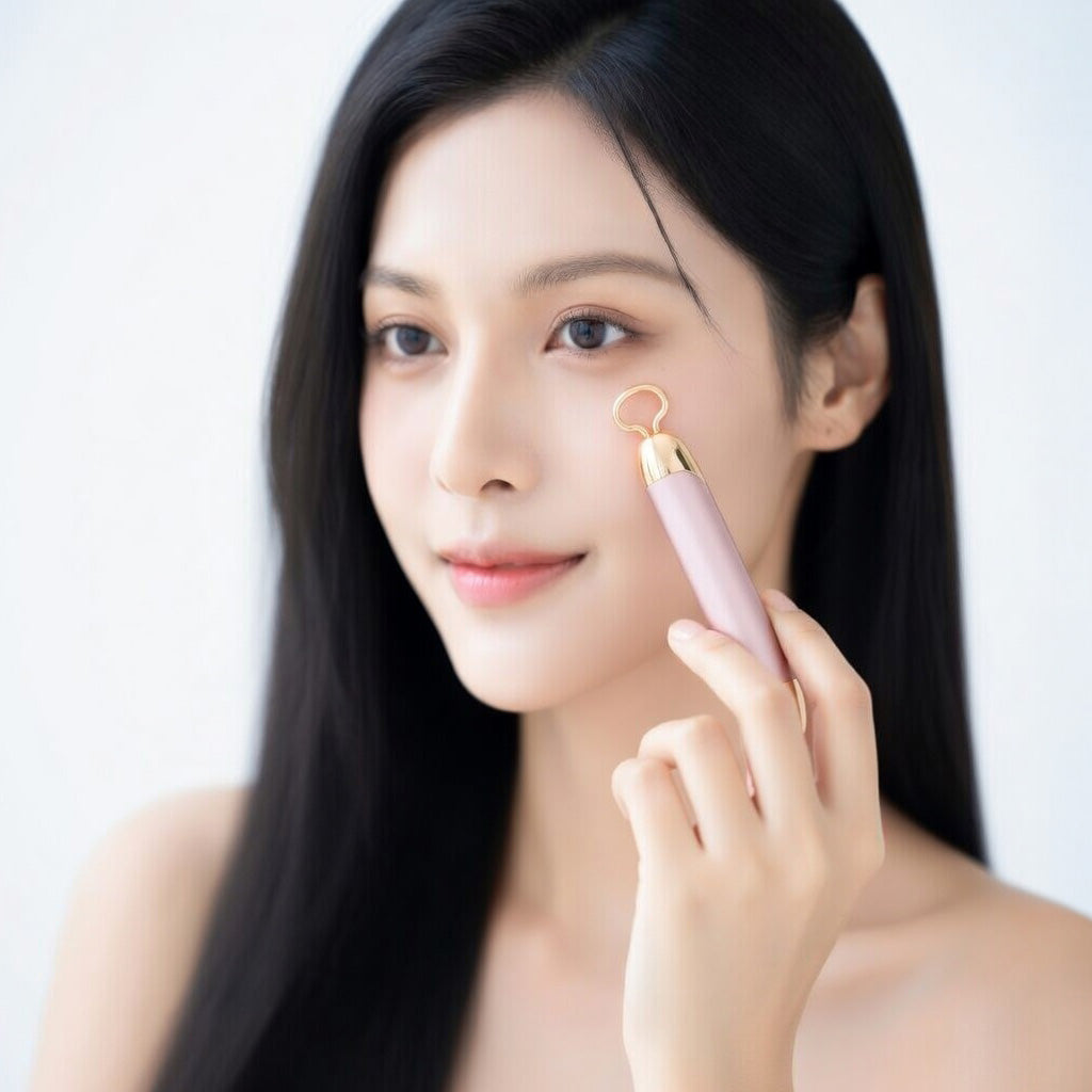 Woman using a skincare tool on her face against a white background