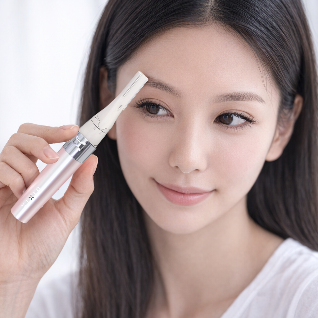 Woman holding a pink electronic device near her face against a white background