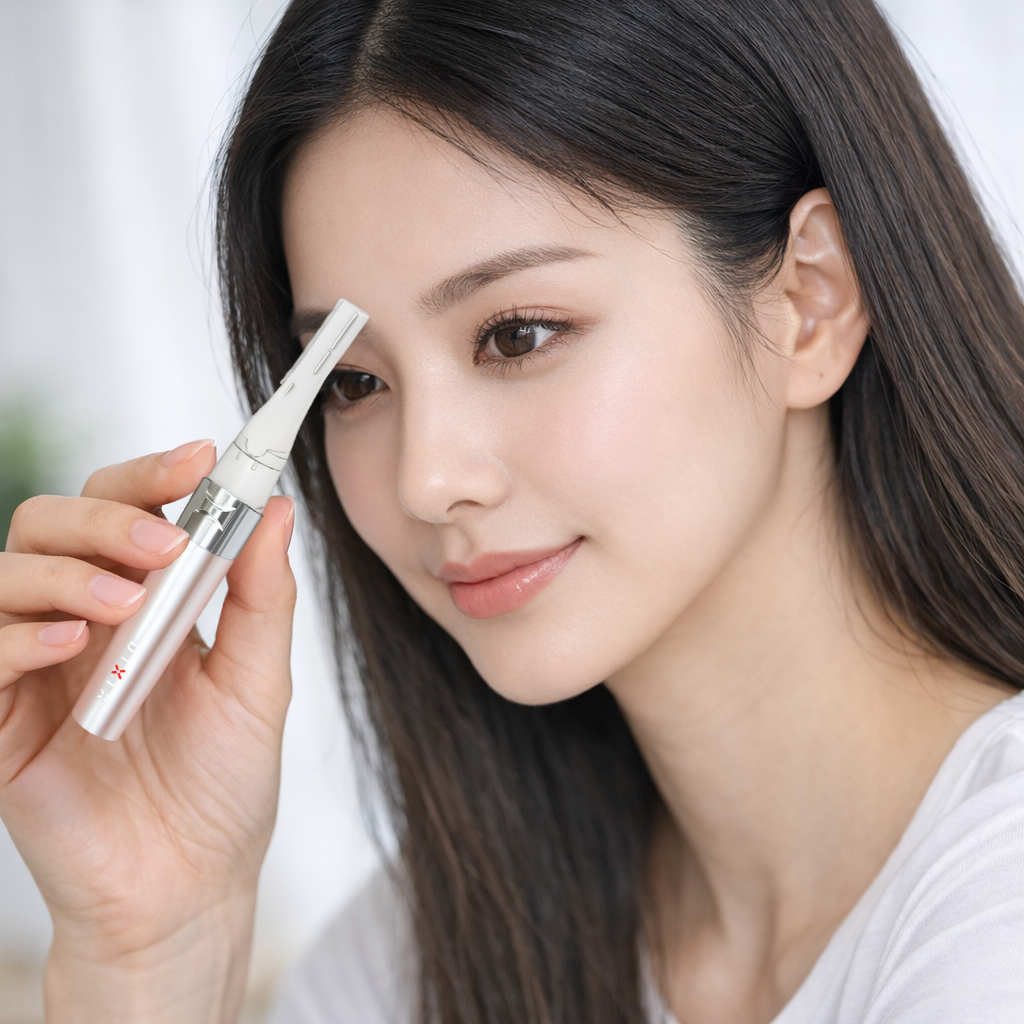 Woman using a pink electronic device on her face with a blurred background
