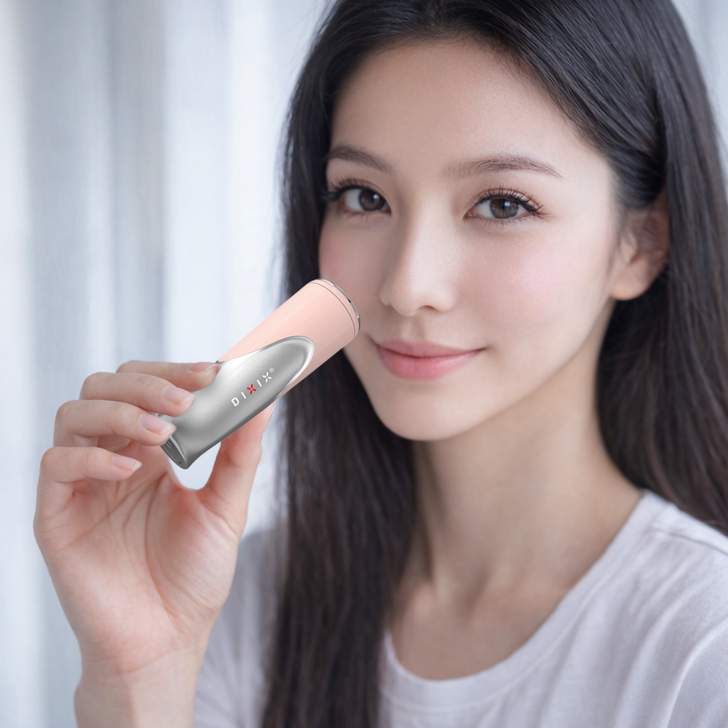 Woman holding a skincare device with a plain background
