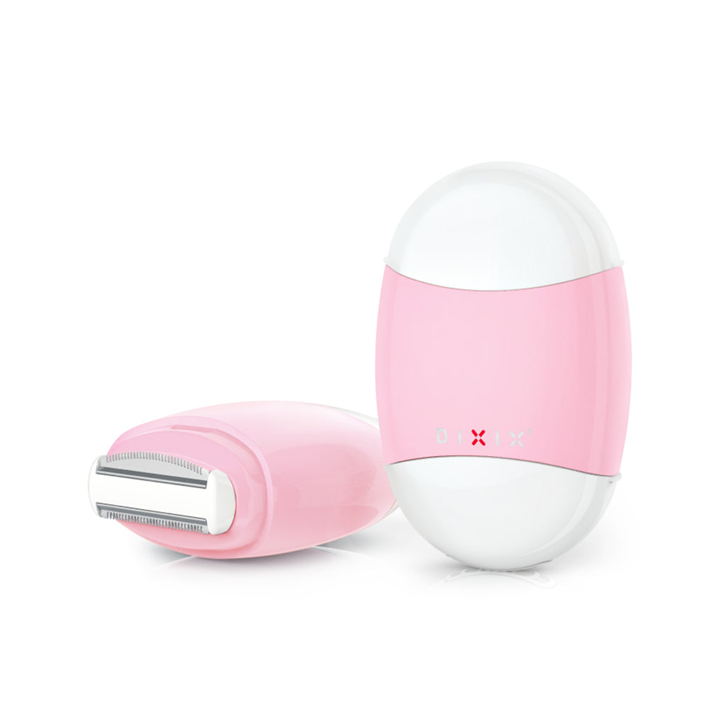 A pink and white electric shaver and its matching charging case on a clean white background.