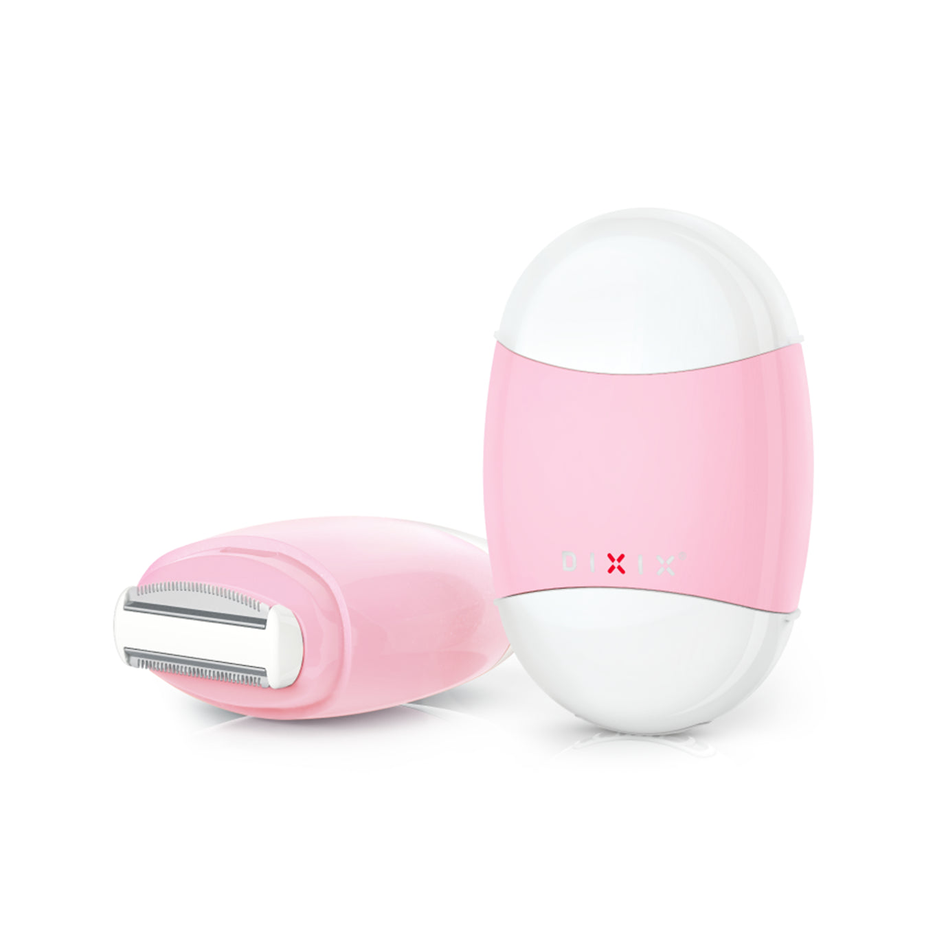 A pink and white electric shaver and its matching charging case on a clean white background.