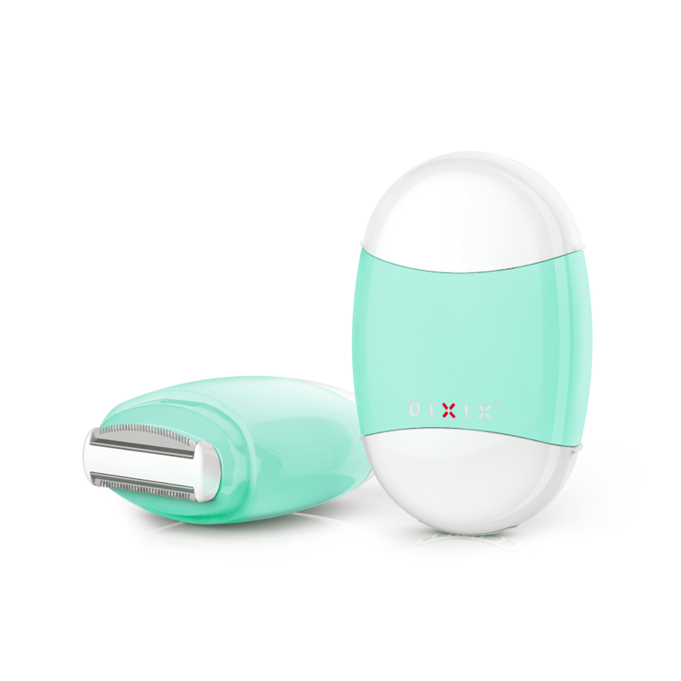 A mint green and white electric shaver shown with its cap removed, revealing the blade head. The shaver body has a glossy mint green middle section and a white top and bottom, with a small red and black logo on the front.
