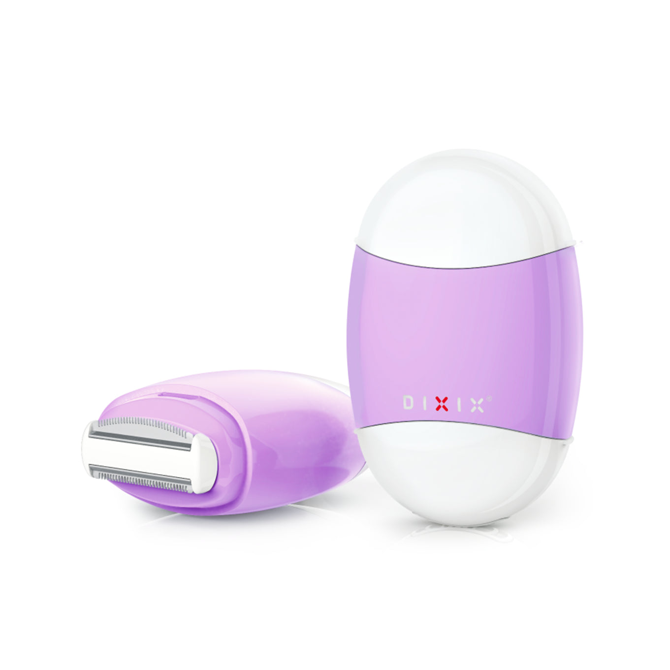 A purple and white electric shaver shown with its charging case on a clean white background.