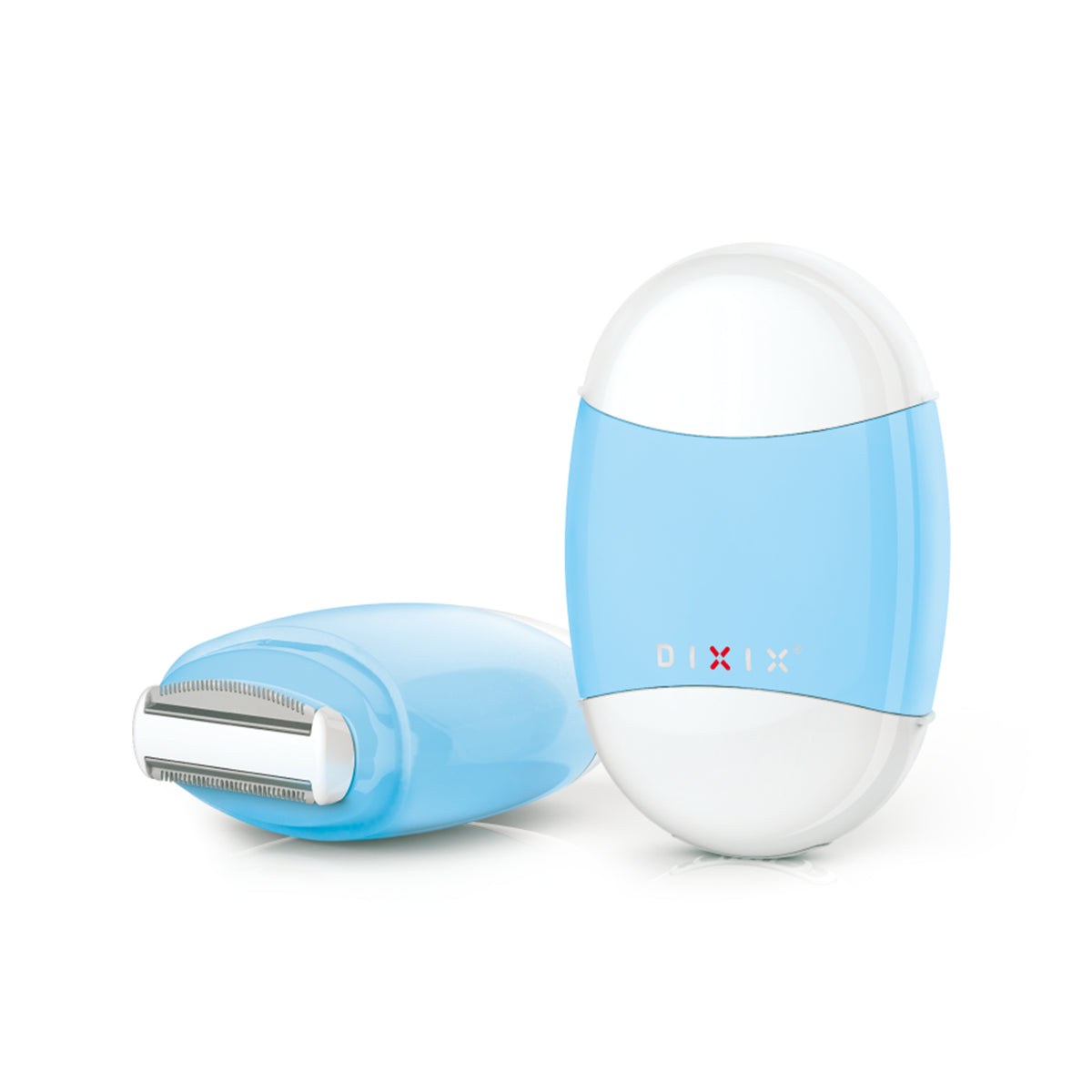 A light blue and white oval electric shaver shown in two views: one upright with the brand logo on the front, and one lying down showing the shaving head. The brand name 'DIXIX' is visible in small red letters on the front.