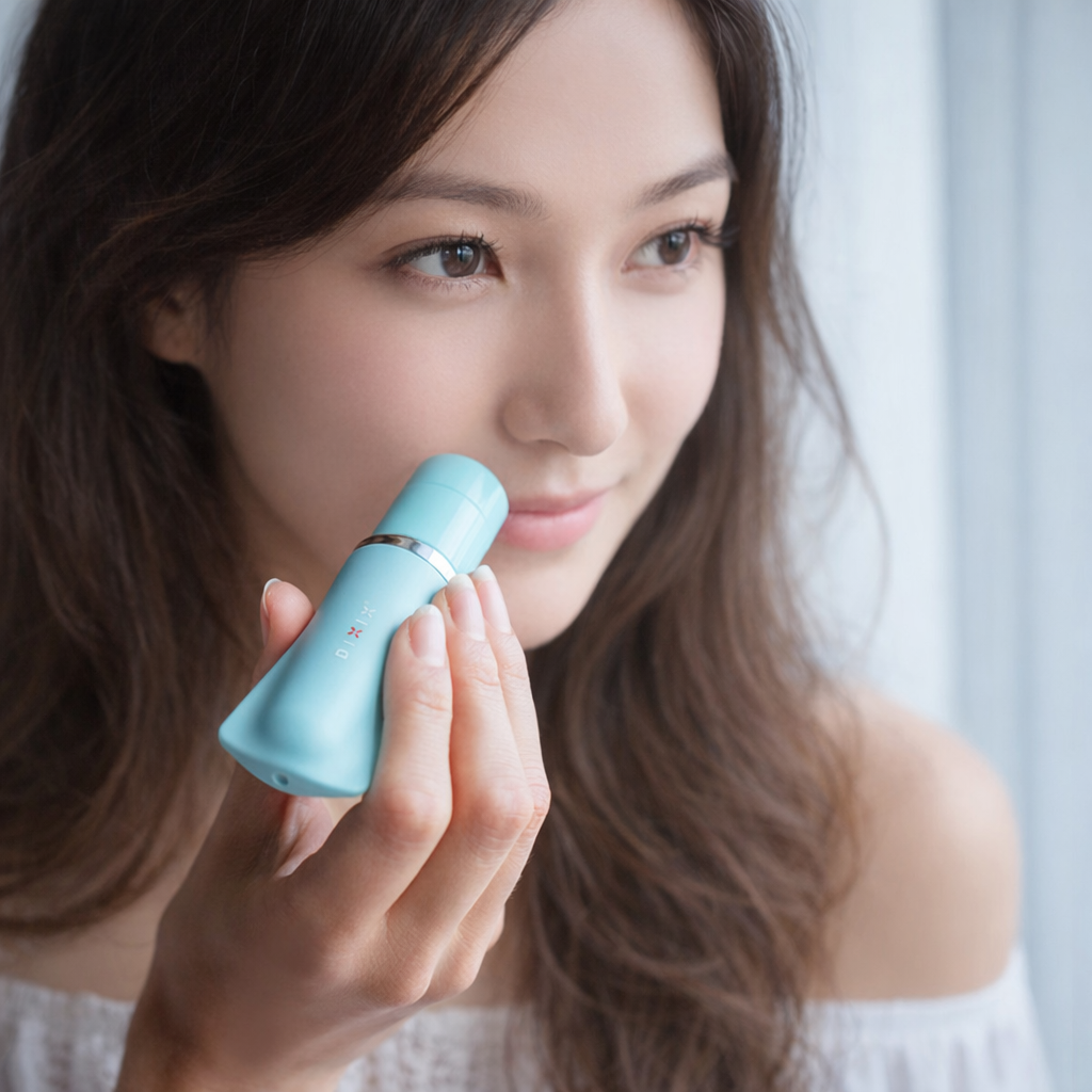 Woman holding a blue handheld device near her face