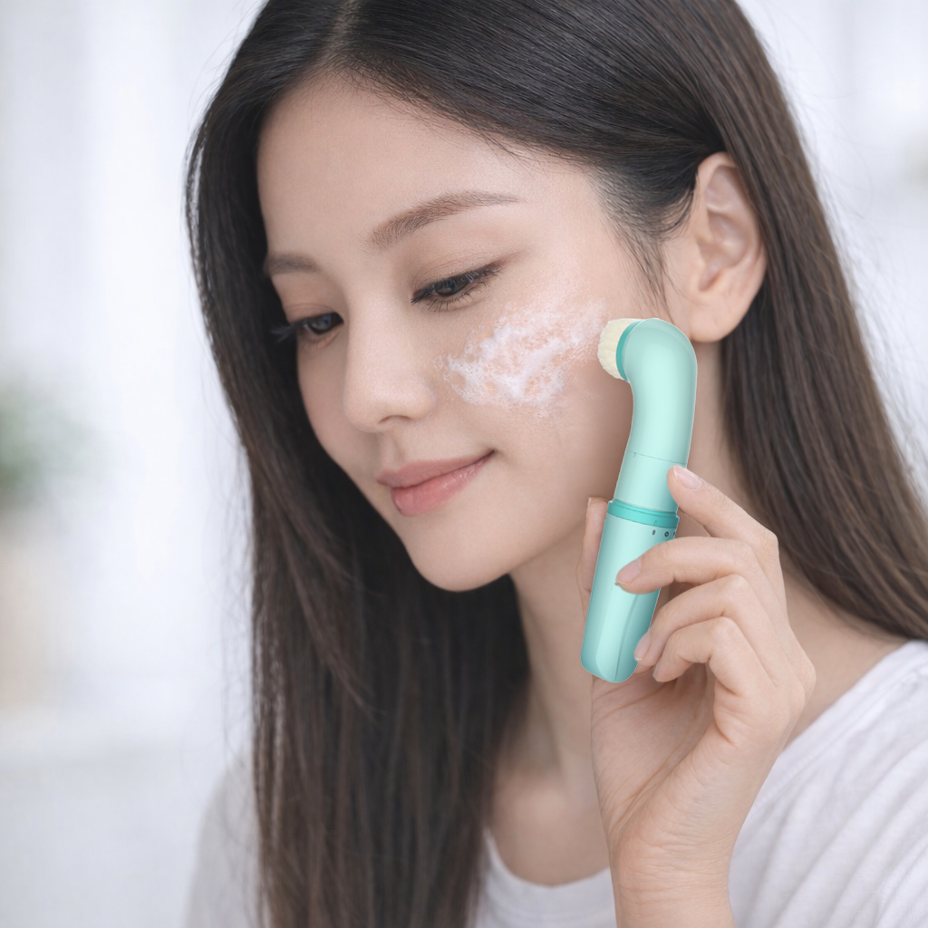 Woman using a green facial cleansing brush on her face with a blurred white background