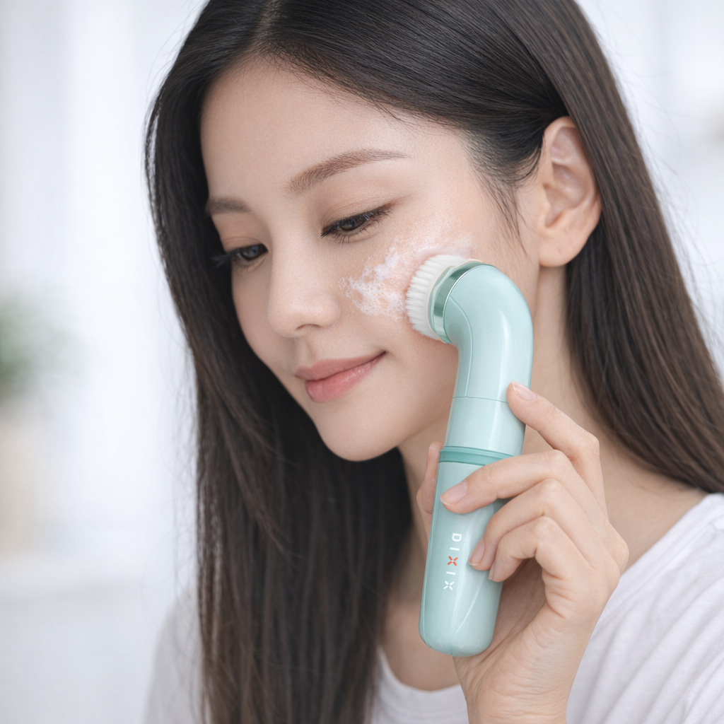 Woman using a green facial cleansing brush on her face with a blurred white background