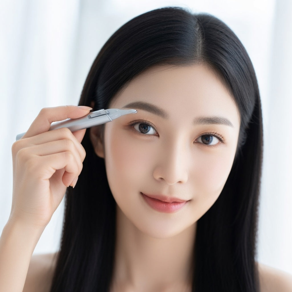 Woman using a brow pencil with a blurred background