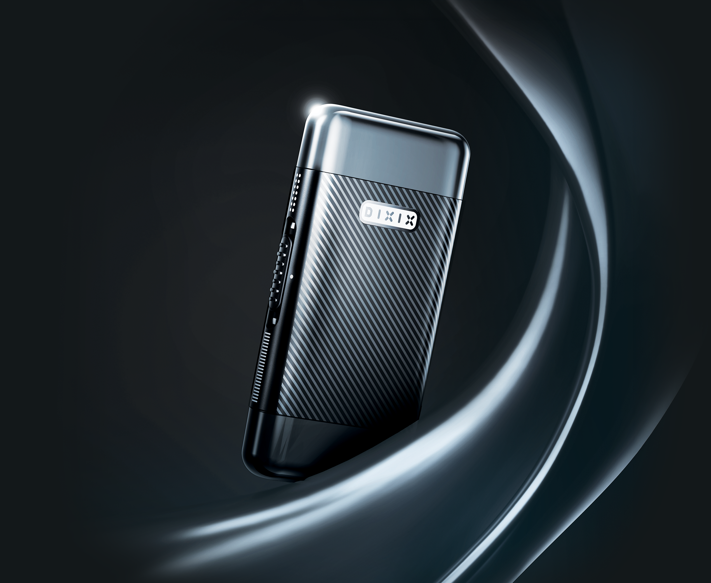 Black electronic device with brand logo on a dark background