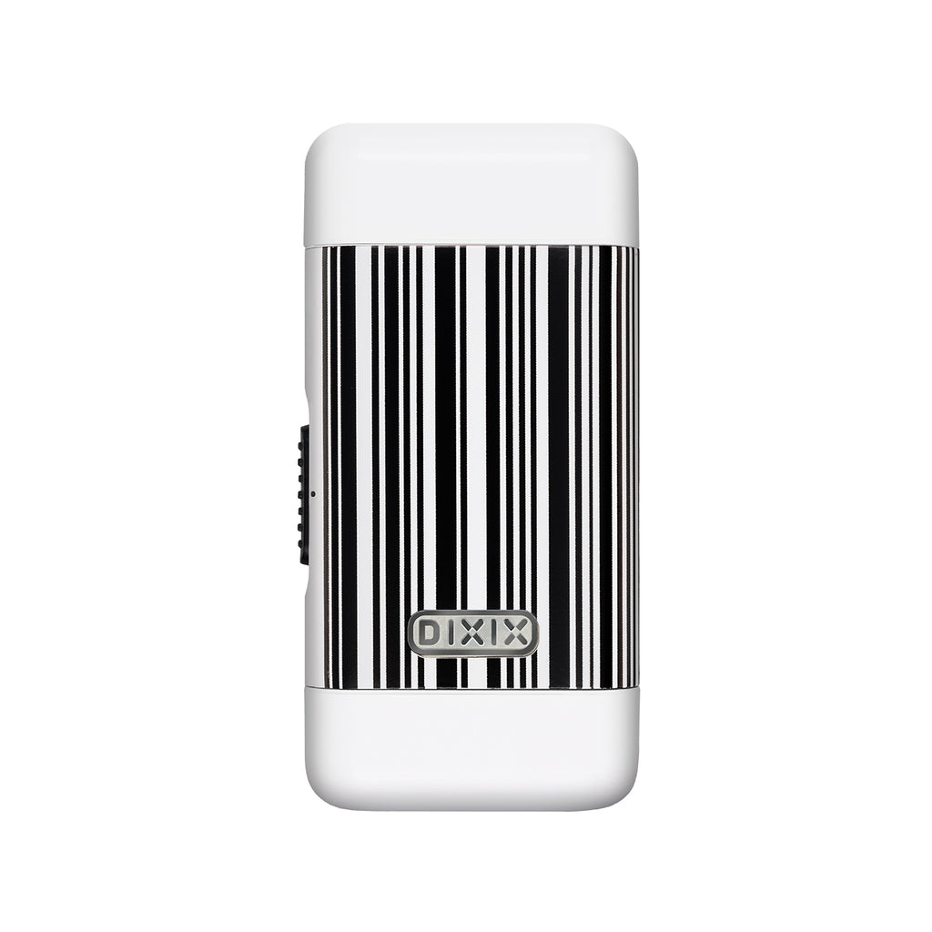 White electronic device with a barcode design on a white background