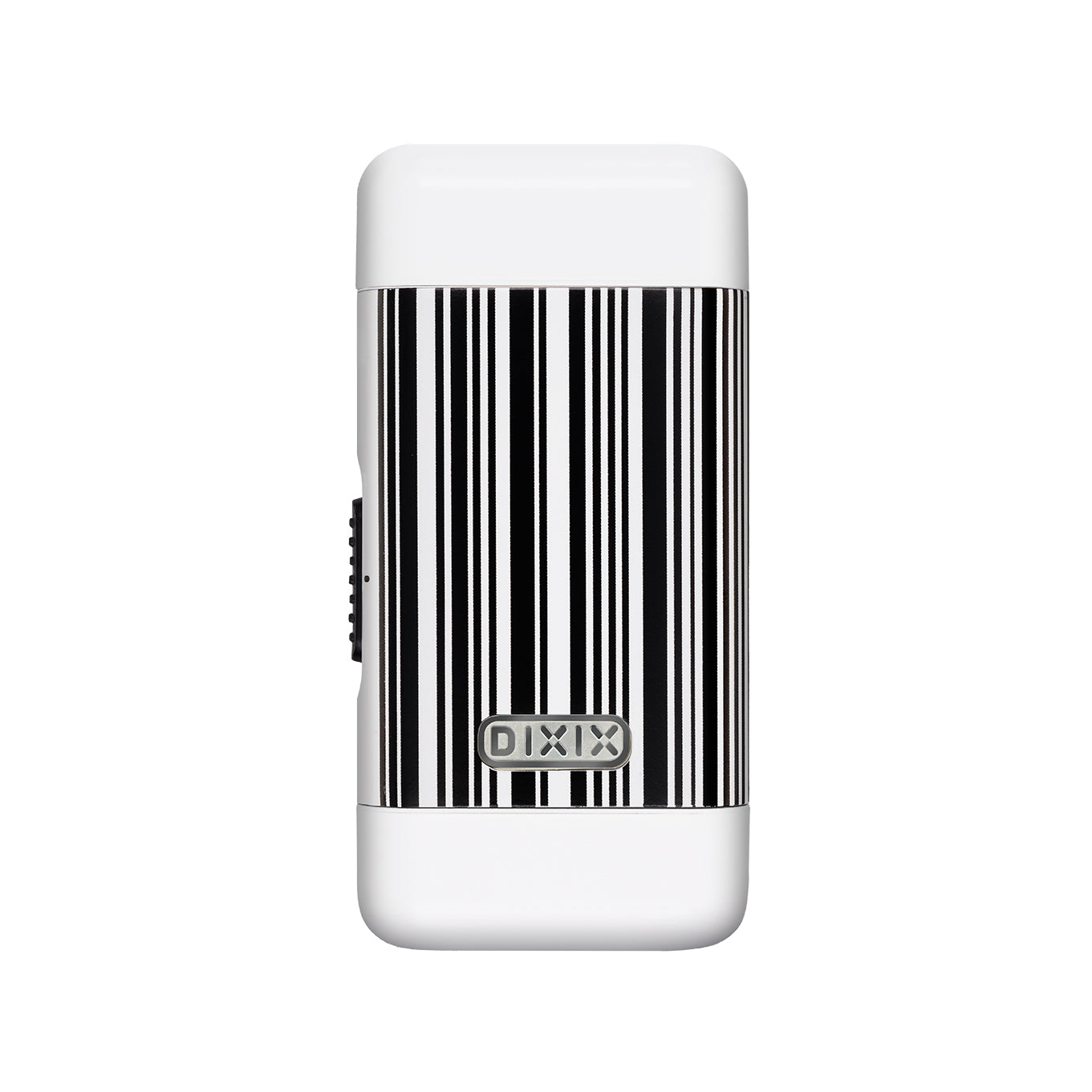 White electronic device with a barcode design on a white background