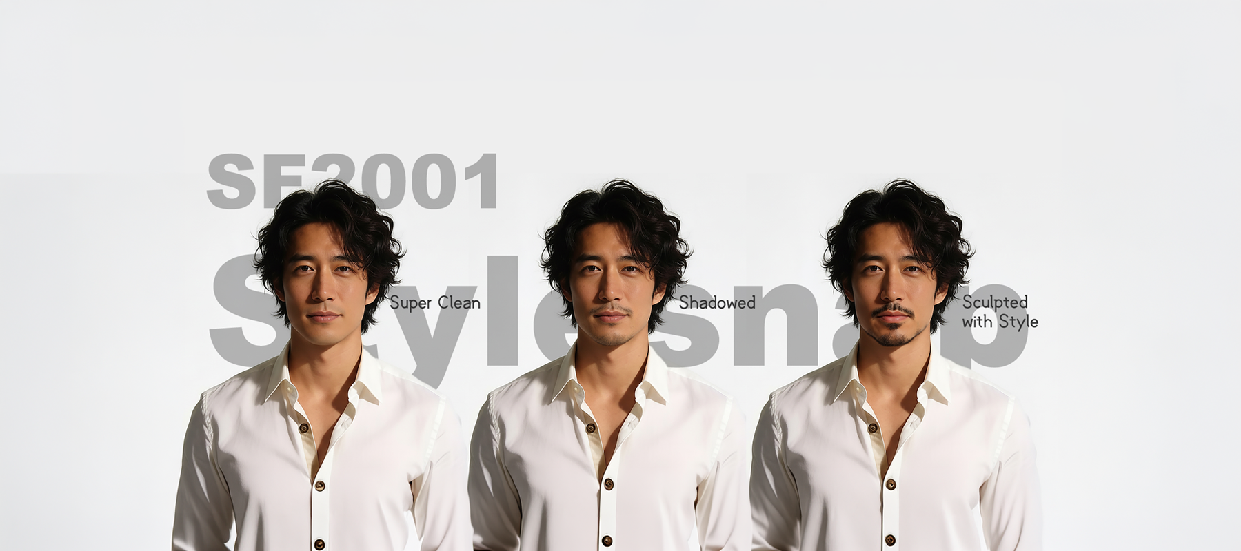 Three men wearing white shirts against a light gray background with text about hair styles.