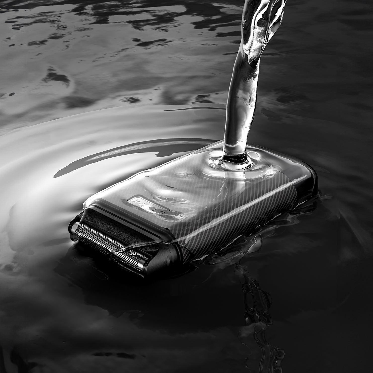 Phone case with water droplet design partially submerged in water