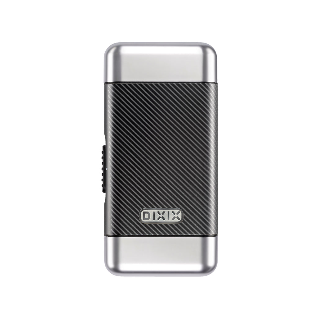 Black and silver lighter with 'Dixi' branding on a white background