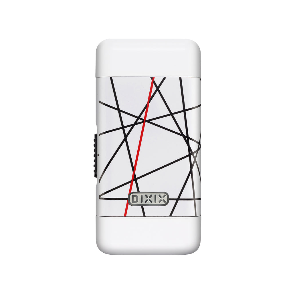 White electronic device with black and red geometric design on a white background